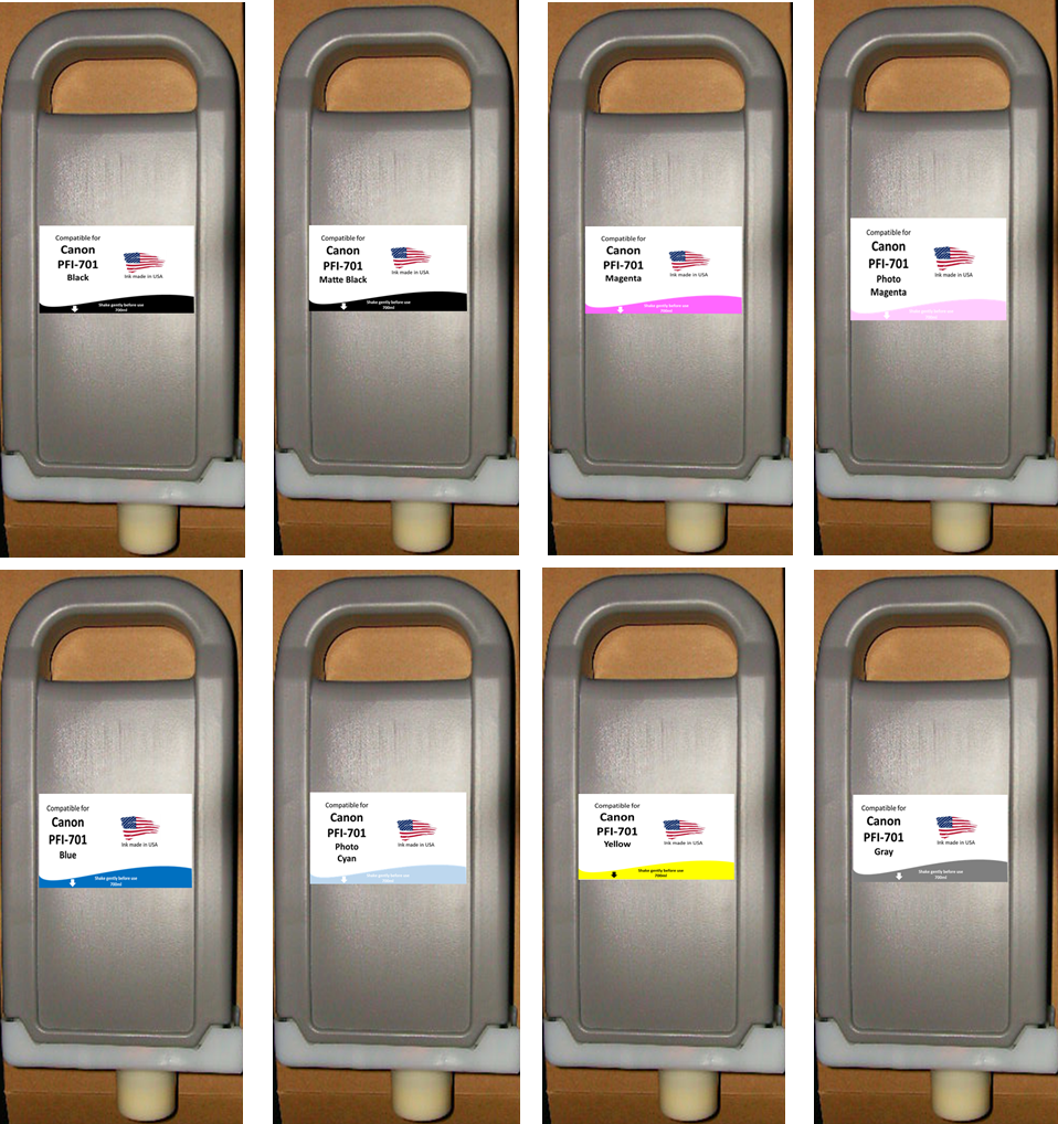 Non-OEM   8 Cartridges Replacement for Canon PFI-701 pigment Inks- MBK,BK,M,PM,C,PC,Y,GY